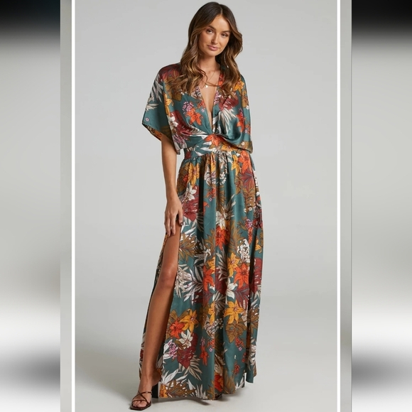 Showpo. Dresses & Skirts - Showpo. Vacay Ready Maxi Dress Plunge Thigh Split Dress in Teal Floral Satin 6